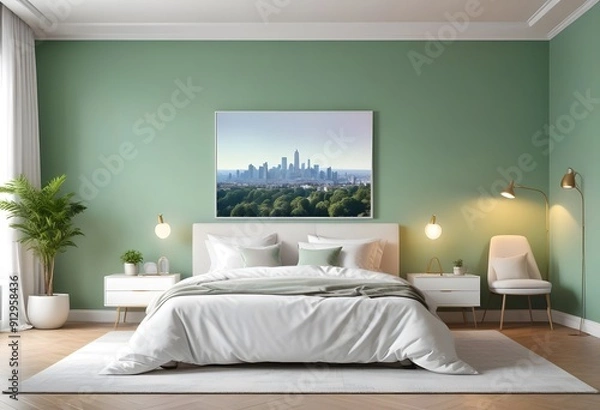 Fototapeta Interior of  A bedroom with a wooden bed frame, and a blank white framed wall art above the bed. The room has a warm, inviting atmosphere 