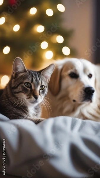Fototapeta Tabby cat sits on couch with Labrador Retriever beside it surrounded by festive decorations. (164 characters)