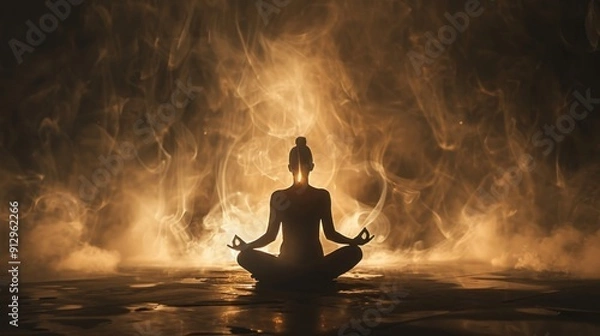 Fototapeta Silhouette of a Person Meditating in Smoke.