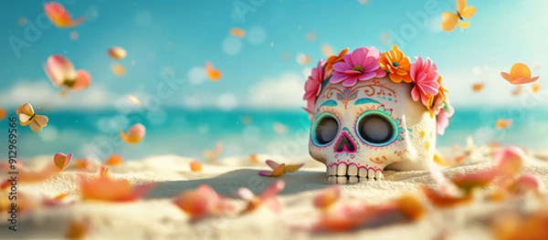 Fototapeta A cute skull adorned with colorful flowers lies in the sand on a beach under a blue sky with white clouds.petals surround the skull, creating a vibrant scene against a clear, clean background