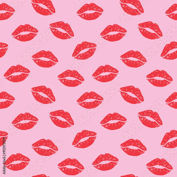Fototapeta Seamless pattern of red puckered lips on a pink background; perfect for beauty and romantic designs. Keywords: lips, red, pink, pattern, kiss, print