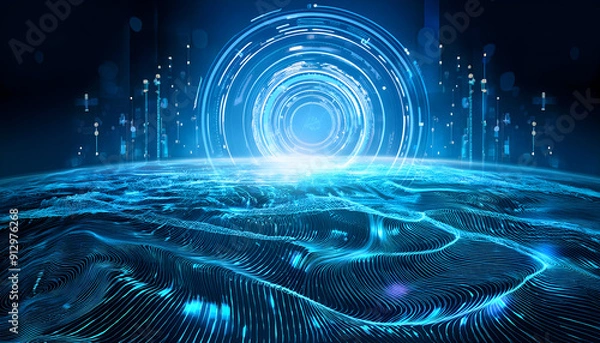 Obraz A futuristic scene with intertwining radio frequency waves and digital elements, symbolizing the seamless integration of technology and connectivity."