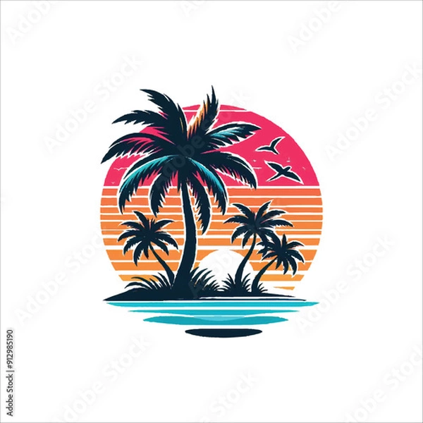 Fototapeta Minimalist vector illustration of a palm tree silhouette against a colorful sunset beach, Beach sunset with palm tree silhouette