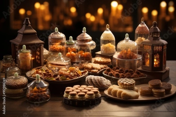 Fototapeta Sweet Treats and Festive Lanterns on a Wooden Table