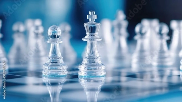 Obraz Close-up of transparent glass chess pieces on a reflective board with a blue background, symbolizing strategy and intellectual challenge.