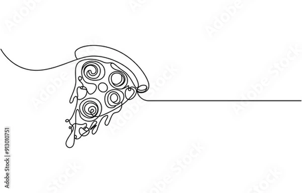 Fototapeta One line  Drawing or illustration of slice of pizza with pepperoni and mushrooms, Fresh pizza with ingredients one line continuous drawing. Traditional italian fast food continuous one line.