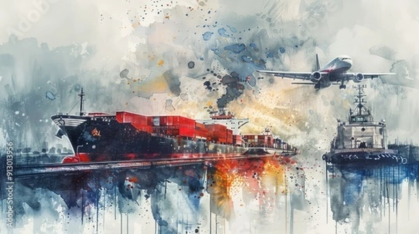 Obraz Abstract Industrial transportation with ship and airplane