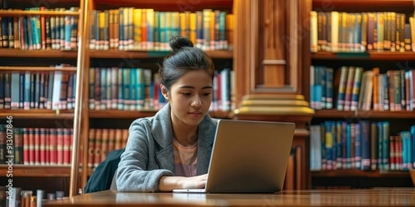 Obraz student using laptop in library, studying 