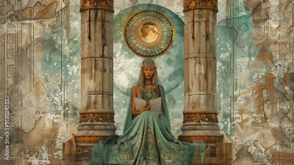 Fototapeta Symbolism Art Style of Tarot Card of the High Priestess, Mystical High Priestess in Ancient Temple - Symbolism Art Depicting Spiritual Wisdom and Mystical Knowledge