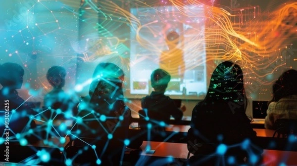 Fototapeta Abstract digital classroom with data streams flowing through students, schooling, data integration