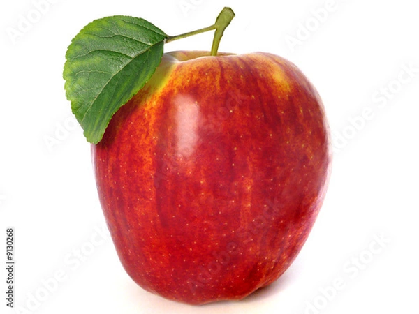 Obraz red apple with green leaf