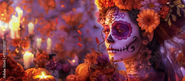 Fototapeta A woman dressed for Day of the Dead with elaborate face paint and floral decorations, surrounded by vibrant orange and purple flowers and candles in a festive, colorful setting.

