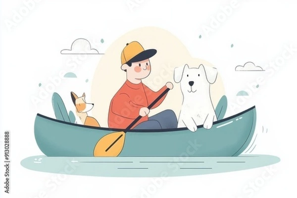 Fototapeta Doodle of a person paddling a canoe with a dog sitting at the bow, simple illustration, cute design, centered composition, pastel colors, white background