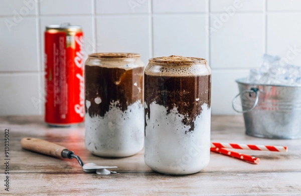 Fototapeta Trendy drink, Fluffy Coke, is a refreshing beverage made with cola, ice, and whipped marshmallows. A refreshing cola cocktail in two glass cups shaped like tin cans. Ice cubes and red paper straws.