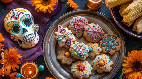 Fototapeta An array of colorful Day of the Dead themed sugar cookies decorated with intricate icing designs, along with a decorated sugar skull and vibrant marigold flowers, set on a festive table with candles a