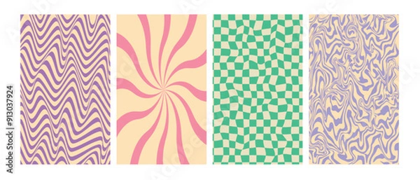 Fototapeta Colors trendy retro backgrounds set. Groovy posters in swirl, checkerboard, wavy lines. 70s retro backgrounds in psychedelic style