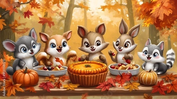 Fototapeta Cartoon animals enjoying a Thanksgiving feast with a turkey pumpkin pie and autumn leaves