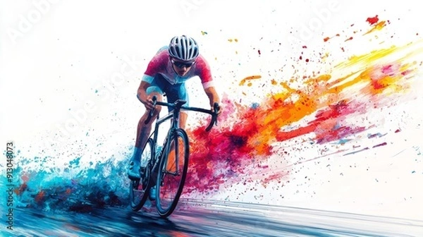 Fototapeta Cyclist with colorful splashes of paint