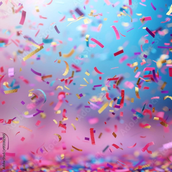 Fototapeta Colorful Confetti Falling Against a Blue and Pink Gradient Background