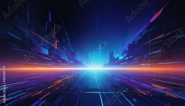 Fototapeta  A futuristic, abstract landscape with a glowing purple horizon and a grid of lines and shapes in various shades of blue, orange, and purple, creating a sense of depth and movement 