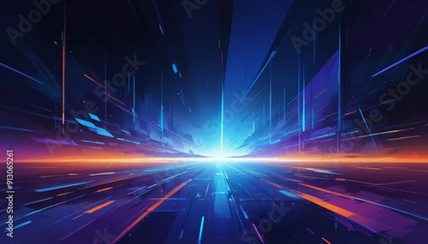 Fototapeta  A futuristic, abstract landscape with a glowing purple horizon and a grid of lines and shapes in various shades of blue, orange, and purple, creating a sense of depth and movement 