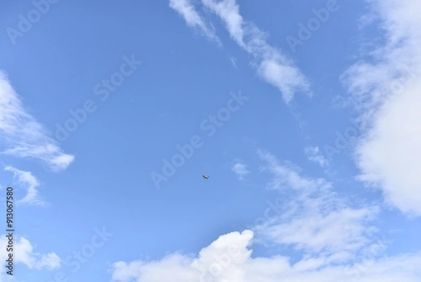Fototapeta Small plane in the blue sky with clouds