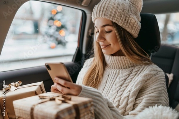 Fototapeta A woman is sitting in a car with a phone in her hand and a box of gifts in front of her