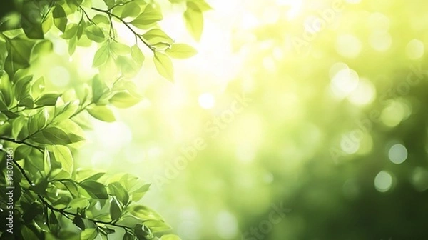 Fototapeta Nature's Embrace: Fresh green leaves reach towards a bright, sunlit background, creating a sense of peace, rejuvenation, and growth.