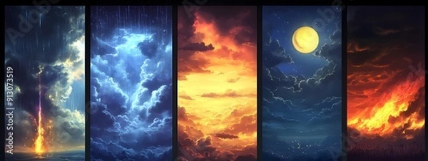 Fototapeta Different weather background banners, sky with sun and clouds, thunderstorm and rain, fire on the bottom, dark clouds, vertical layout