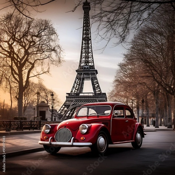 Fototapeta Vintage red car with Eiffel tower in Paris, France