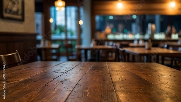 Fototapeta Abstract empty wooden desk table copy space For Product Disply with Restsurant Background