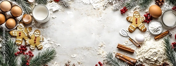 Obraz A background with an array of baking ingredients, including flour, eggs, and Christmas decorations, on the right side, leaving space for text in the center area