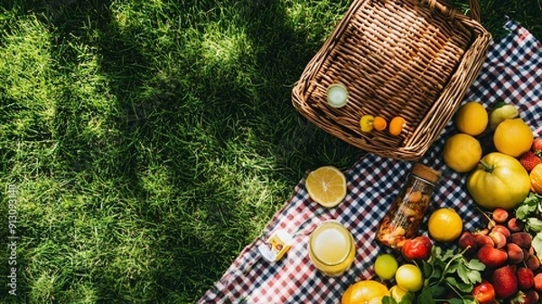 Fototapeta A summer picnic flat lay with a woven basket, fresh fruits, a checkered blanket, and a bottle of lemonade on grass, evoking a sunny day outdoors, copy space