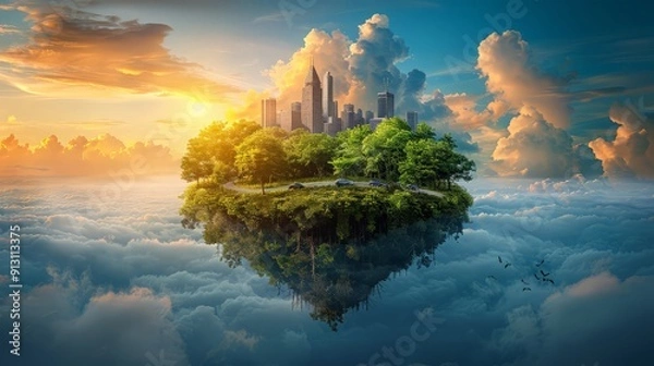 Fototapeta Concept of eco city. Modern city with skyscrapers, highway and cars surrounded by nature landscape on the patch of land. ai generated