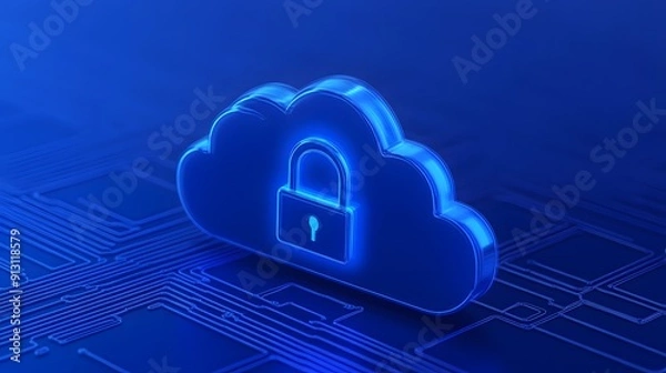 Fototapeta Secure cloud computing concept with digital cloud and padlock on blue technology background, symbolizing data protection and cybersecurity.