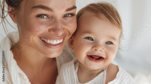 Fototapeta Capturing a tender interaction, a warm studio portrait of a mother and her joyful baby.