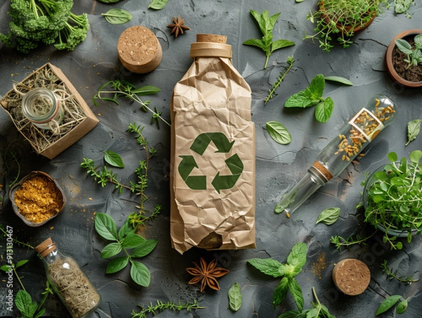 Fototapeta Natural composition with green and craft products in reuse package zero waste concept on concrete background top view