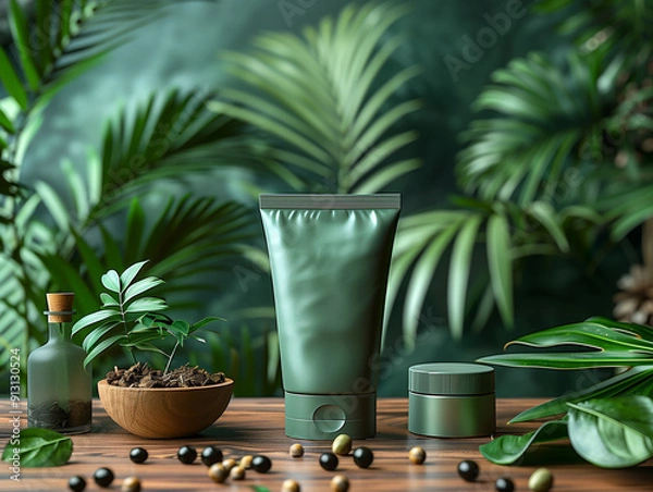 Fototapeta Natural organic cream for hydration and rejuvenation, cosmetics for skin care mockup on green background with plants