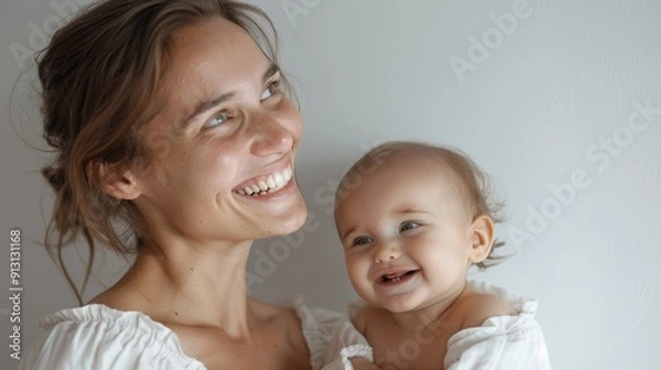 Fototapeta A mother's affectionate smile towards her beaming baby highlights their deep bond in a serene studio.