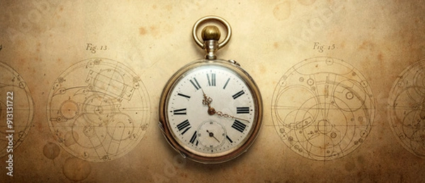 Fototapeta The old antique classic clocks on a vintage wide paper background. Concept of time, history, science, memory, information. Retro style. Vintage clockwork aand watch background.