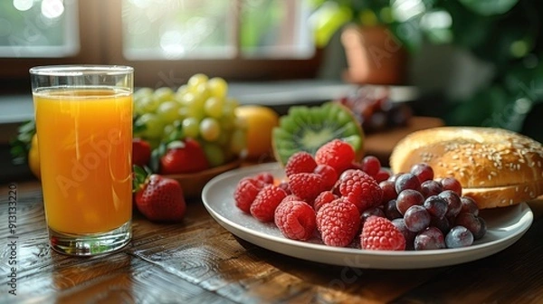 Fototapeta A vibrant and cheerful breakfast scene with a bowl of fresh fruit, a glass of orange juice, and a sandwich on a plate, all set on a kitchen counter with natural light streaming in