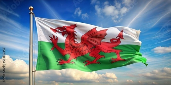 Obraz Waving flag of Wales featuring the red dragon on a white and green field.