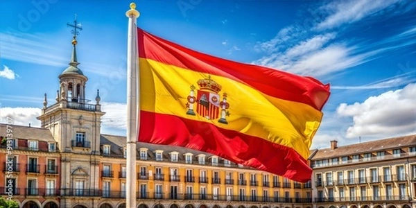 Obraz Spanish flag waving in front of historic building with tower under blue sky.
