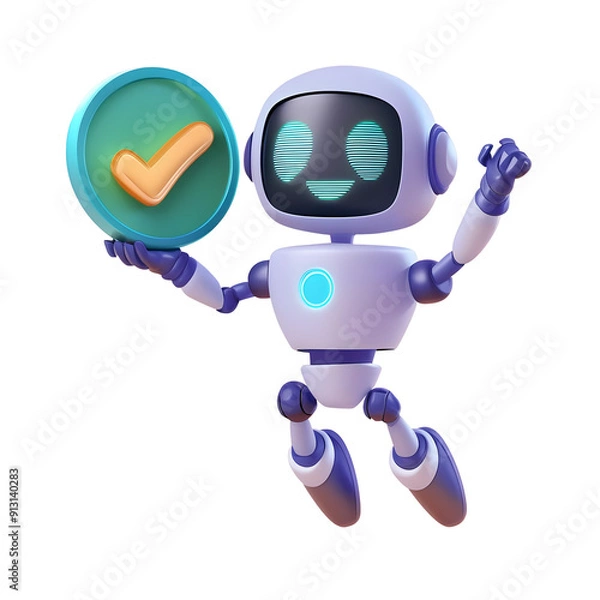 Fototapeta 3D Cute Robot With Approved Check Mark