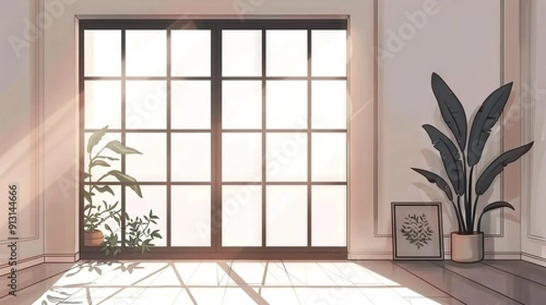 Fototapeta   A spacious room boasts a lush potted plant by the window and an elegant picture frame adorning the wall alongside it