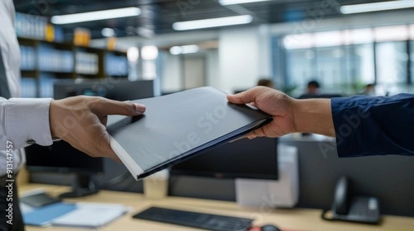 Obraz Businessman handing over a folder in an office.