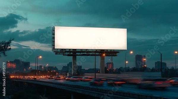 Obraz A mockup of a blank billboard in the middle of the highway with cars passing below