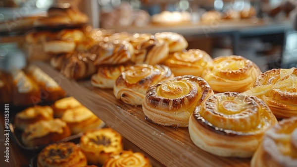 Fototapeta A selection of freshly baked pastries on display.