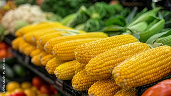 Fototapeta Close-up of fresh yellow corncobs stacked at a market.