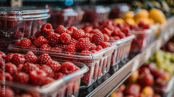 Fototapeta Plastic containers filled with fresh raspberries in a grocery store.